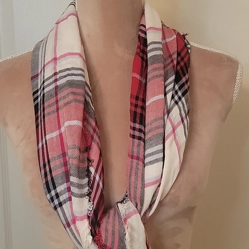 Red White and Black Plaid Scarf with Raw Hem and Tassles